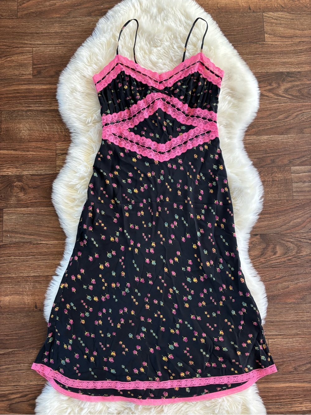 Vintage Betsey Johnson Y2K Silk Floral Maxi Gown Pink Lace Trim Size: 8 - Picture 15 of 15
